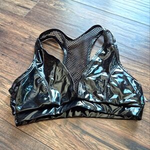 Black Patent Shiny Vinyl Leather look mesh sports bra Size small